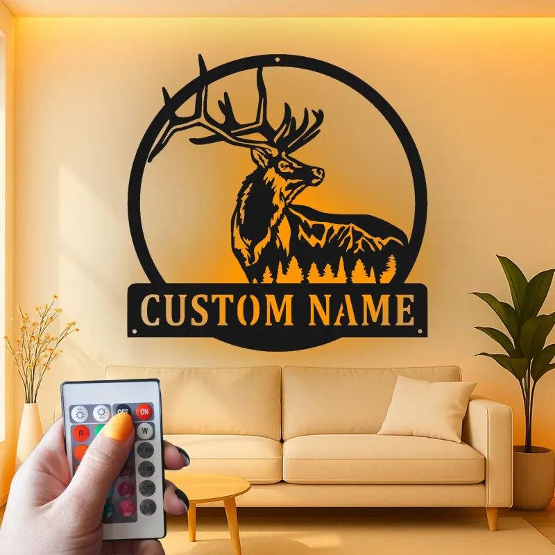 Personalisierte LED-Metall-Wandkunst mit Elch – Jagdgeschenk für Ihn, rustikale Hüttendeko