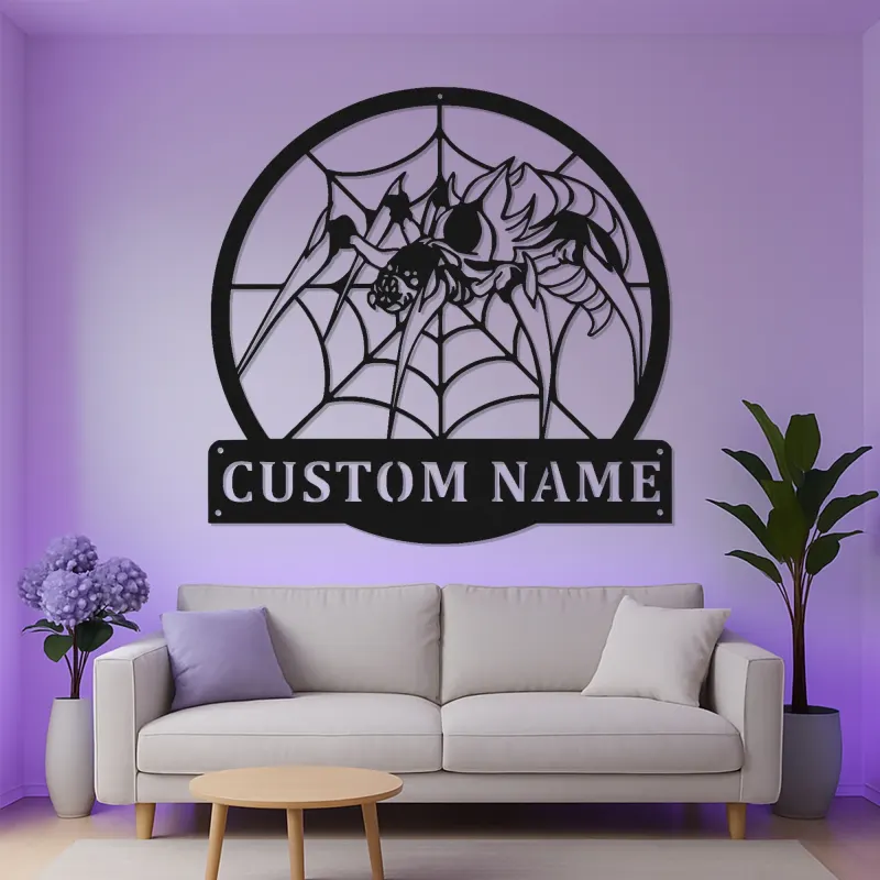 Insegna in metallo personalizzata con ragnatela | Arte murale LED personalizzata | Decorazione per man cave gotica e regalo per amanti degli aracnidi