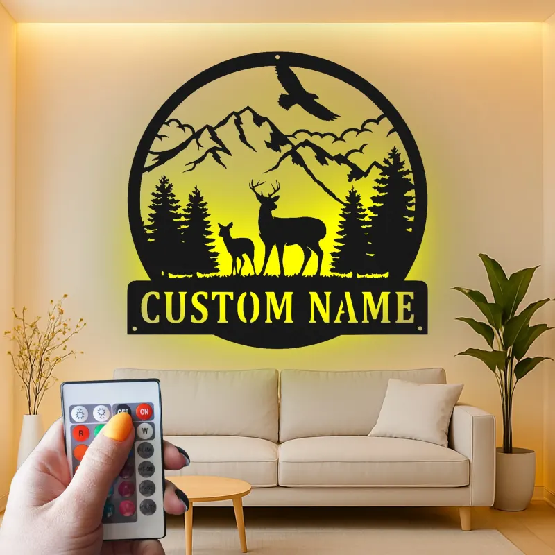 Personalisiertes LED-Metallschild für Berg-Reh-Szenen – Einzigartiges Geschenk für Naturfreunde, Dekoration für Berghütte oder Lodge