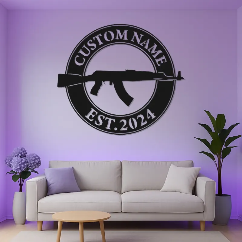 Insegna in metallo personalizzata con pistola e LED | Arte da parete personalizzata per armi da fuoco | Arredo per poligono e man cave | Regalo per appassionati di armi