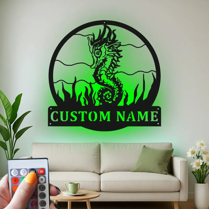 Panneau LED Personnalisé Hippocampe | Décoration Murale en Métal Nautique Personnalisée | Décor pour Maison Côtière & Maison de Plage