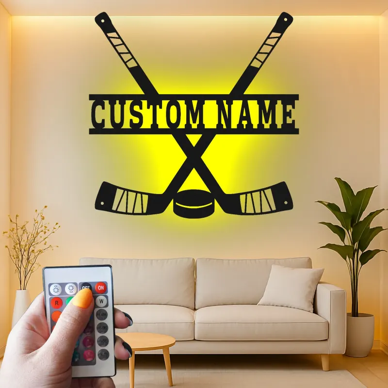 Cartel personalizado de hockey con nombre | Decoración mural de metal LED para sala de juegos | Regalo personalizado para jugador de hockey | Decoración para cueva del hombre