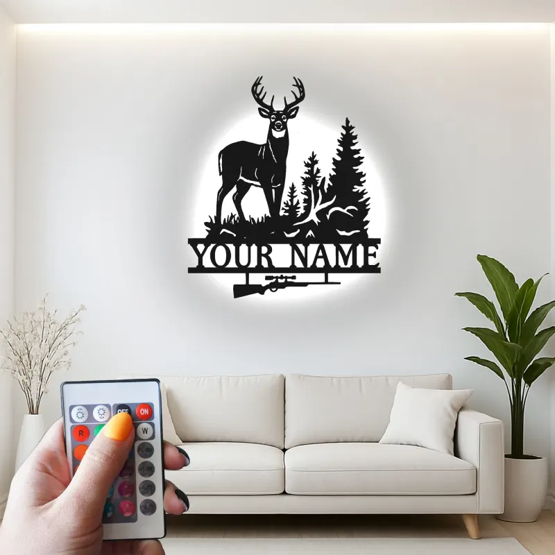 Insegna in metallo personalizzata per cacciatori di cervi con luce LED regalo personalizzato per cacciatori decorazione rustica per cabine 3