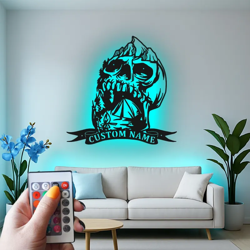 Custom Skull Mountain LED Sign | Personalized Metal Wall Art | Gothic Outdoor & Camper Decor | Rustic Cabin Gift