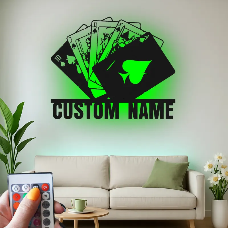 Royal Flush Metal Wall Art | Personalized LED Poker Room Sign | Custom Name Card Player Gift | Game Room Decor