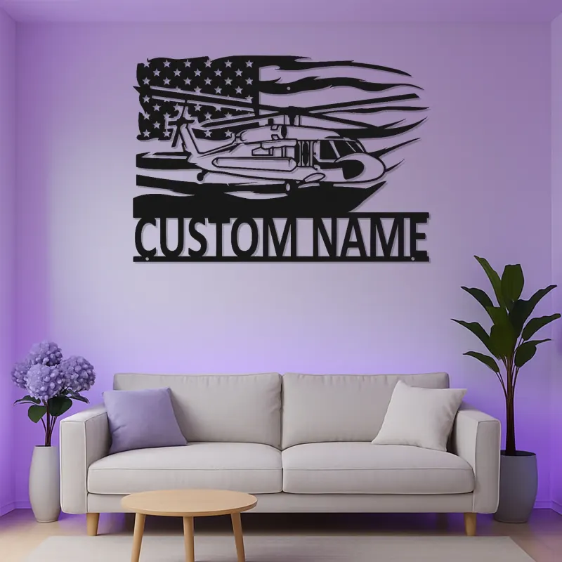 Black Hawk Helicopter LED Metal Wall Art | Personalized Pilot Gift | Custom Name Sign | Patriotic American Flag Wall Decor