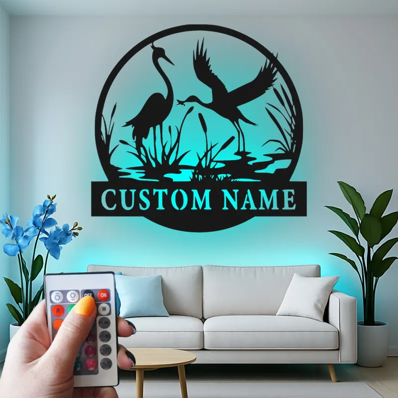 Décoration murale en métal personnalisée avec silhouette de grue et rétroéclairage LED - Cadeau pour les amoureux de la nature, décoration pour chambre ou salon