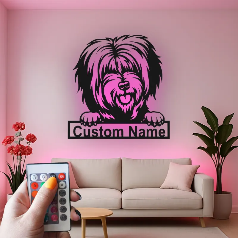 Cartel de metal LED de perro peludo personalizado, regalo para amantes de las mascotas, decoración para salón o espacio para mascotas