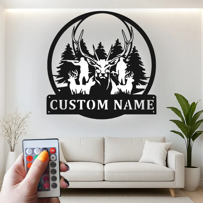 Insegna in metallo personalizzata con luce LED per famiglia di cervi - Regalo personalizzato per cacciatori, decorazione per cabin o lodge