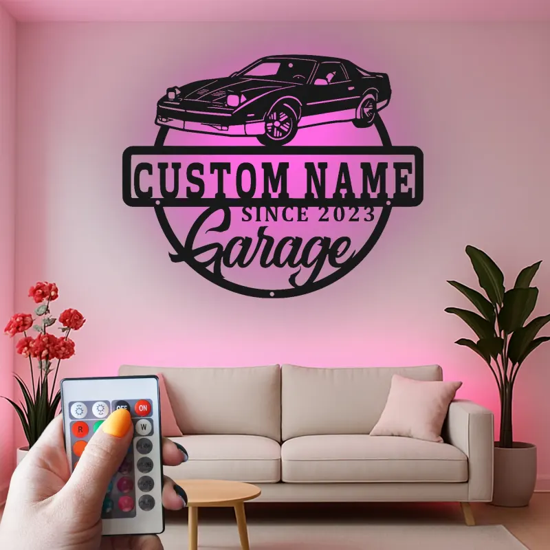 Cartel de metal LED personalizado para garaje con coche, regalo personalizado para entusiastas de coches, decoración mural de garaje 2