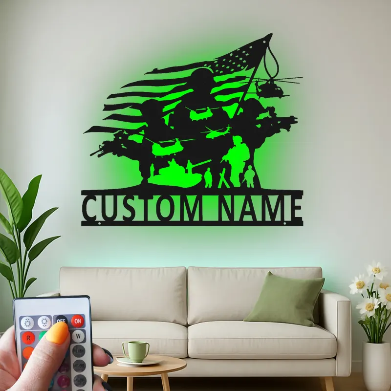 Soldier Silhouette Metal Sign | Custom Military Wall Art with LED | Patriotic Decor for Veterans