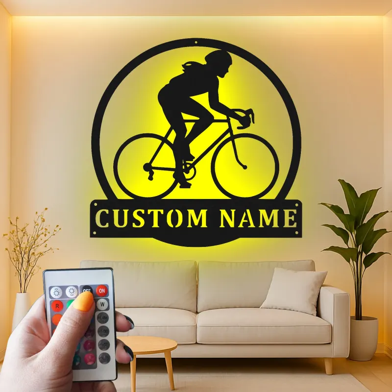 Custom Cyclist Led Light Metal Wall Art Personalized Gift for Biking Enthusiasts Garage or Home Gym Decor