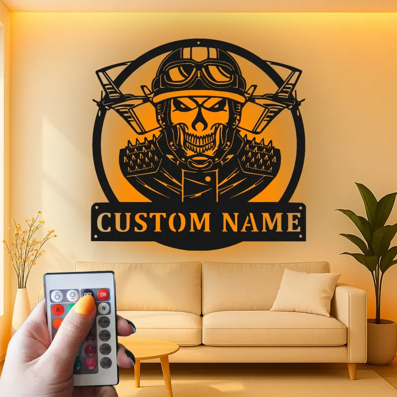 Custom Skull Fighter Pilot Metal Sign | Personalized LED Aviation Wall Art | Military Man Cave Decor | Gift for Him