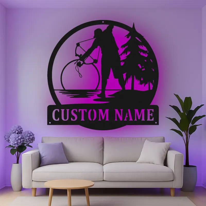 Custom Bow Hunter Led Light Metal Wall Art Personalized Gift for Archery Enthusiasts Rustic Cabin Decor