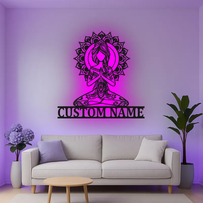 Cartel de metal personalizado con luz LED de meditación de yoga, regalo personalizado para amantes del yoga, decoración zen para sala de meditación