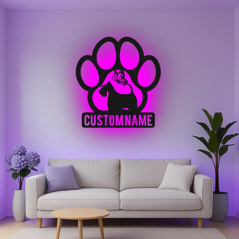 Décoration murale en métal personnalisée de patte de Scottish Terrier avec rétroéclairage LED - Cadeau pour les amoureux des chiens et décoration de salon