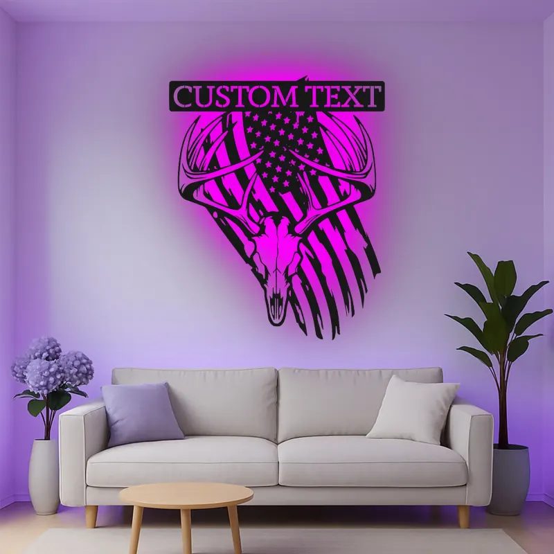 Custom Deer Skull with American Flag Led Light Metal Wall Art Personalized Gift for Hunter Rustic Man Cave Decor