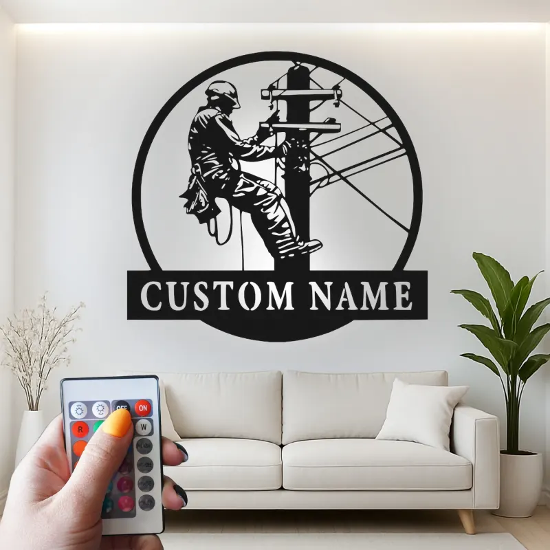 Arte mural LED de metal para liniero | Cartel personalizado con nombre para electricista | Regalo personalizado para trabajador de servicios públicos | Decoración industrial para oficina y garaje