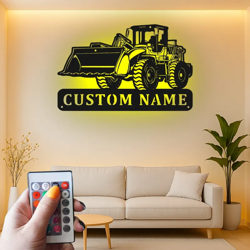Décoration murale en métal personnalisée avec bulldozer rétroéclairé - Cadeau personnalisé pour passionné de construction - Décor de garage ou de bureau