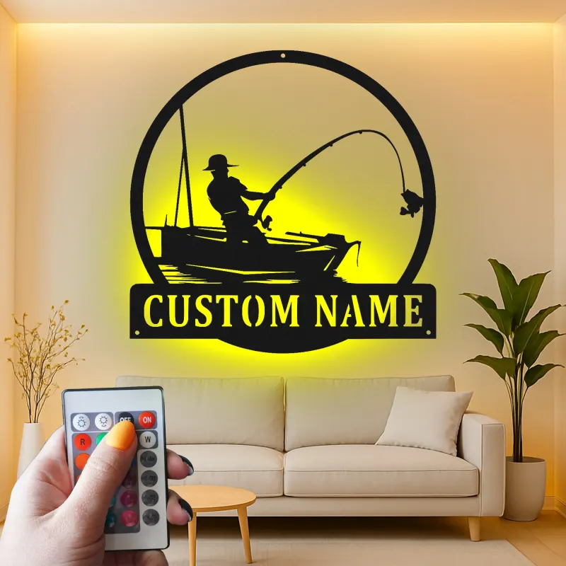 Insegna da pesca personalizzata con LED | Insegna in metallo personalizzata con pescatore | Decorazione per casa al lago e regalo per pescatori