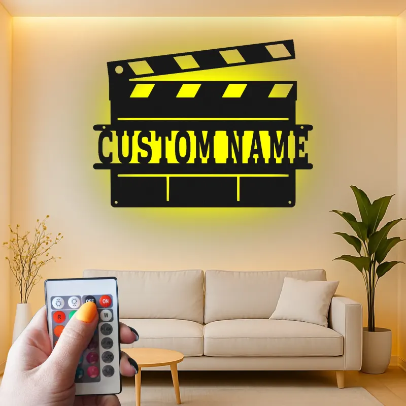 Panneau de Clap de Film Personnalisé | Art mural en métal LED pour Salle de Cinéma à Domicile | Ardoise de Film Personnalisée | Cadeau pour Amoureux du Cinéma