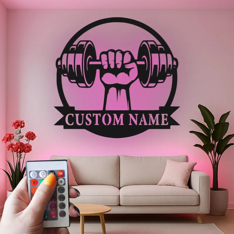 Custom Dumbbell Hand Grip Led Light Metal Wall Art Personalized Fitness Gift for Gym Lovers Home Gym Decor