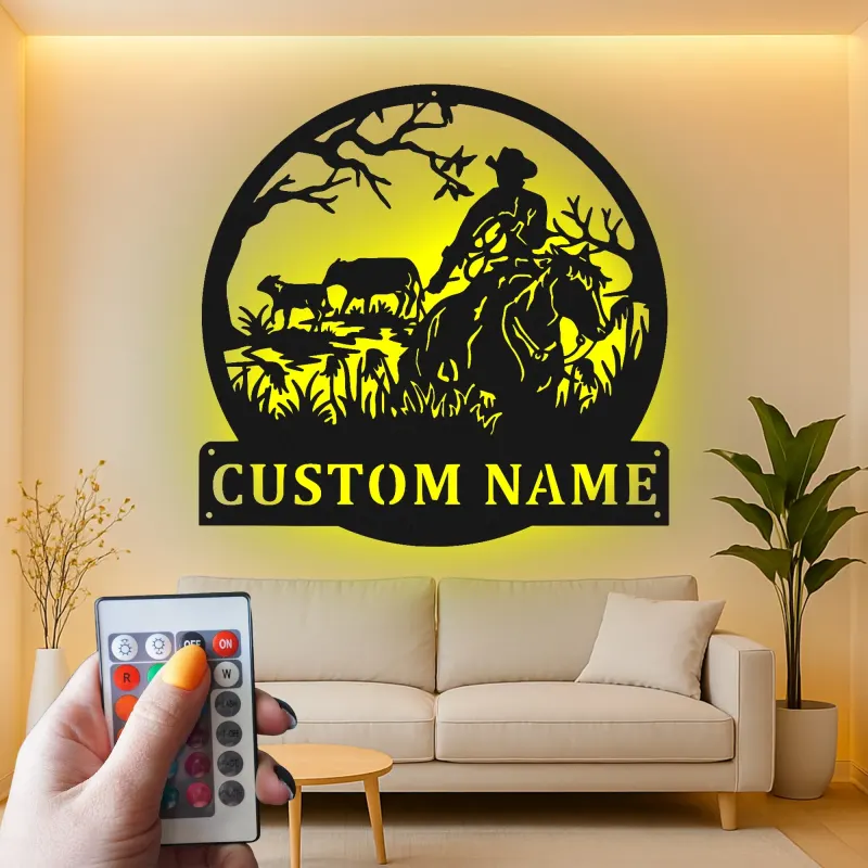 Cartel de metal personalizado con rancho vaquero y luz LED, regalo western para él, decoración rústica de granja