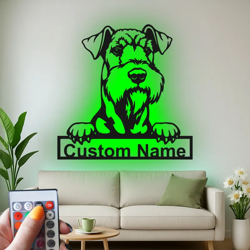 Personalisierte Schnauzer LED-Leuchte | Individuelle Metall-Wandkunst | Realistisches Haustierporträt-Dekor | Hinterleuchtetes Geschenk für Hundeliebhaber