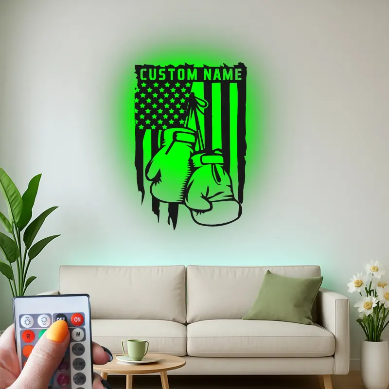 Personalisierte LED-beleuchtete Metall-Wandkunst mit Boxhandschuhen – Geschenk für Boxer, Fitnessstudio oder Männerhöhle