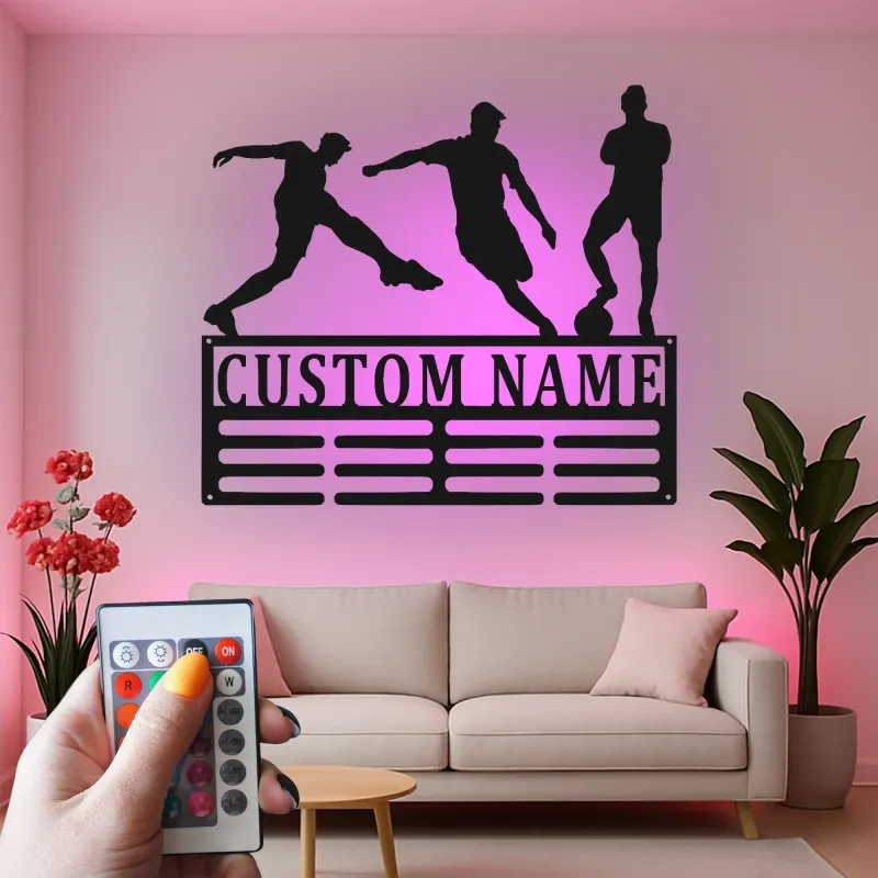 Insegna in Metallo Personalizzata per Calciatore | Arte Murale LED con Nome Personalizzato | Decorazione per Stanza di Gioco per Atleti | Regalo per Ragazzo Adolescente
