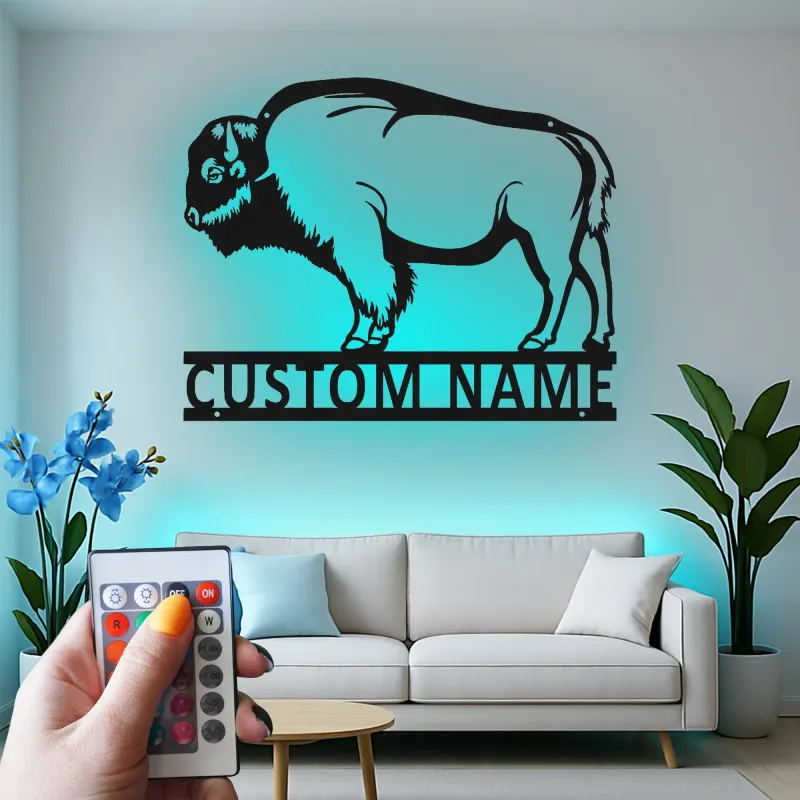 Custom Bison Led Light Metal Wall Art Personalized Wildlife Gift for Nature Lovers Rustic Home Decor
