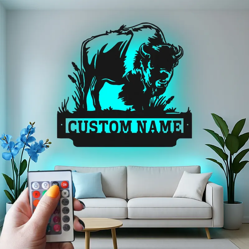 Custom Bison Led Light Metal Wall Art Personalized Wildlife Gift for Nature Lovers Rustic Home Decor 1