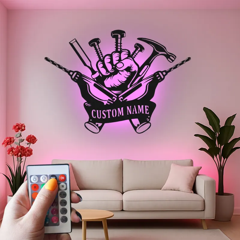 Insegna LED personalizzata per tuttofare | Insegna in metallo personalizzata per officina e garage | Regalo industriale per falegname