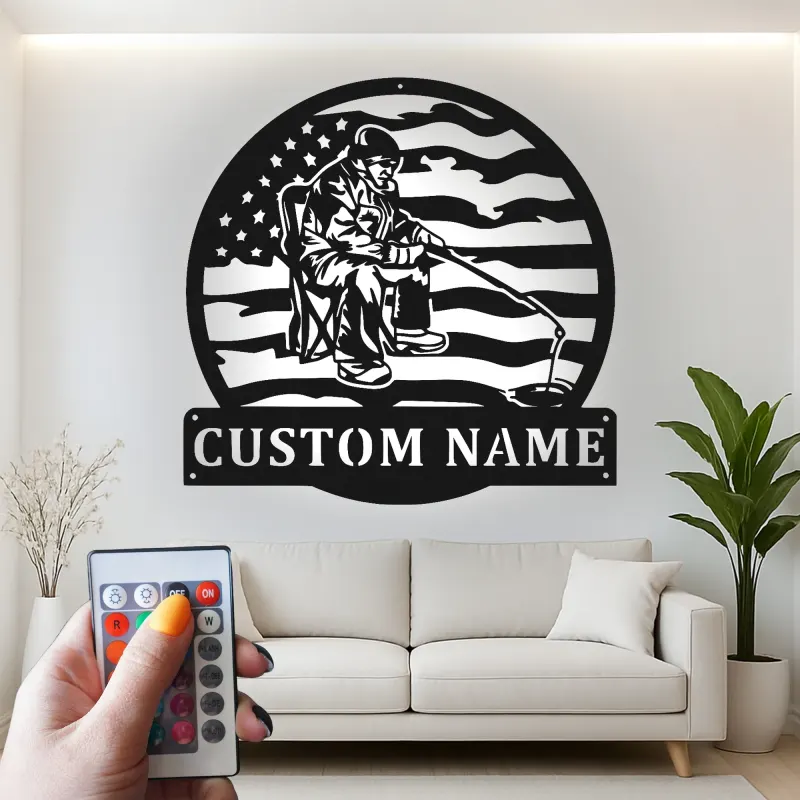 Cartel de metal personalizado de pesca con LED | Regalo para angler personalizado | Arte mural patriótico de casa de campo y cabaña