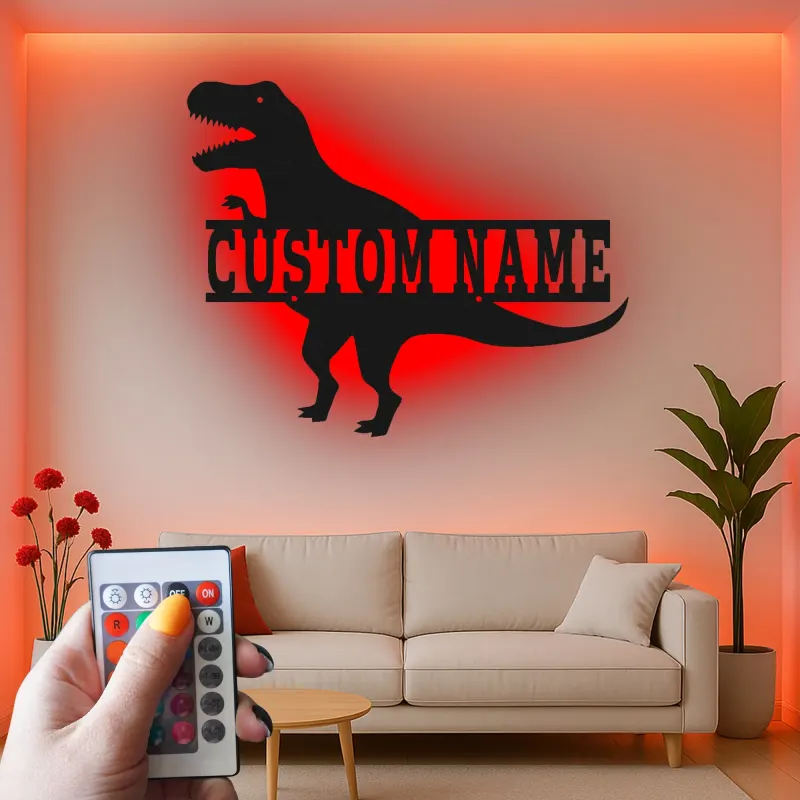 Insegna in metallo personalizzata T-Rex con luce LED regalo per la camera dei bambini decorazione per amanti dei dinosauri