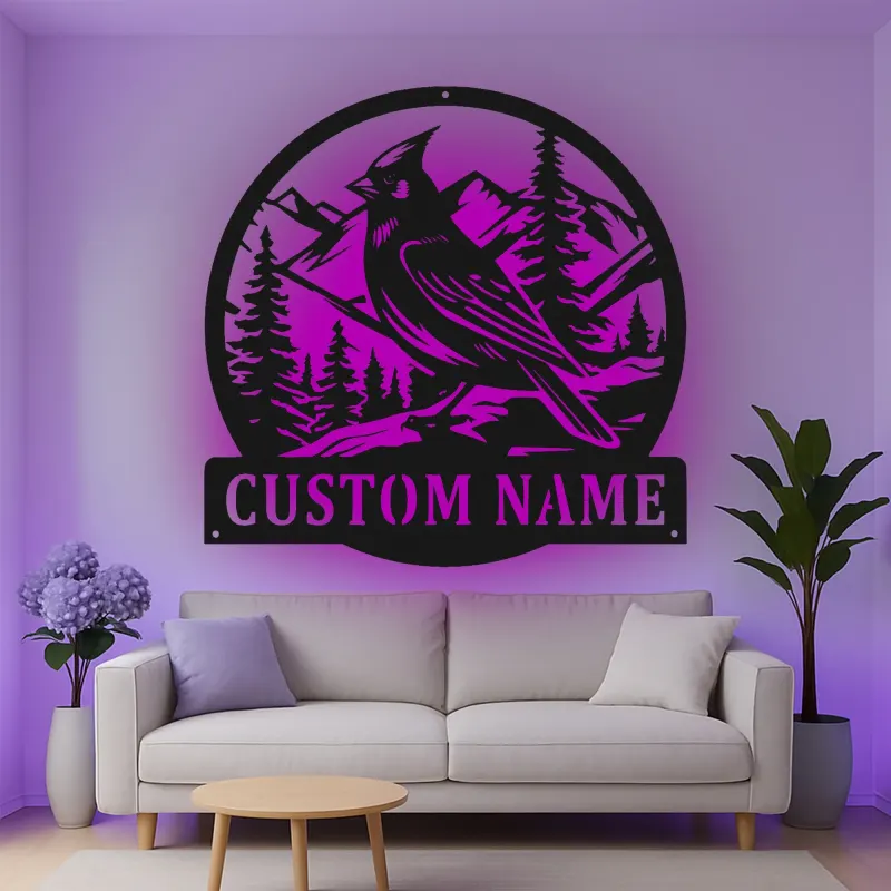 Personalisierte Kardinal-Mountain-Szene LED-Metall-Wandkunst – Geschenk für Naturliebhaber, für Hütte oder Wohnzimmer