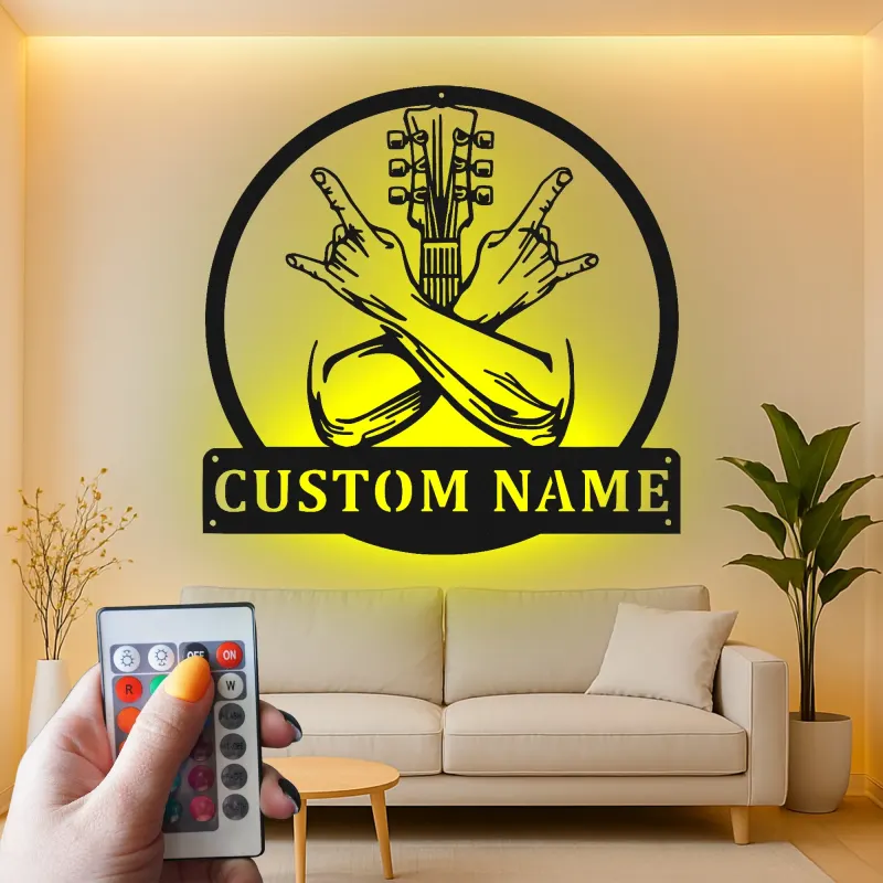 Enseigne métal LED guitare personnalisée | Plaque prénom musicien | Décoration murale rock pour studio | Cadeau pour guitariste