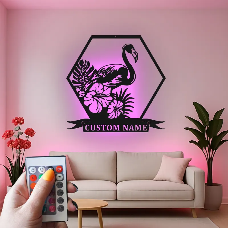 Panneau LED Flamant Rose | Art mural en métal personnalisé | Décor de maison de plage et de salon | Plaque de nom tropical personnalisée