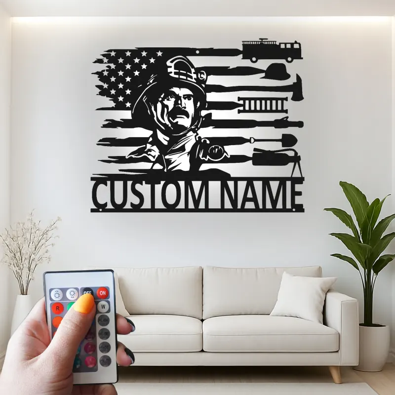 Cartel de Metal de Bombero Personalizado con LED | Arte Mural LED Patriótico de Bandera Americana para Regalo de Bombero