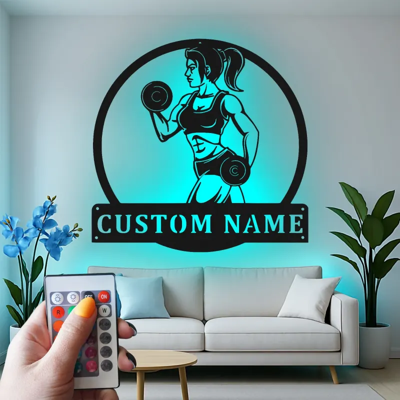 Cartel LED personalizado de chica fitness | Arte de metal con nombre personalizado para gimnasio en casa | Decoración de sala de entrenamiento | Regalo motivacional para ella