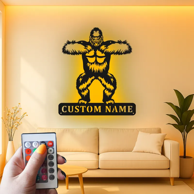 Personalisiertes Gorilla-Metallschild | Individuelle LED-Wandkunst | Man Cave Dekor & Geschenk für Tierliebhaber | Gym Namensschild