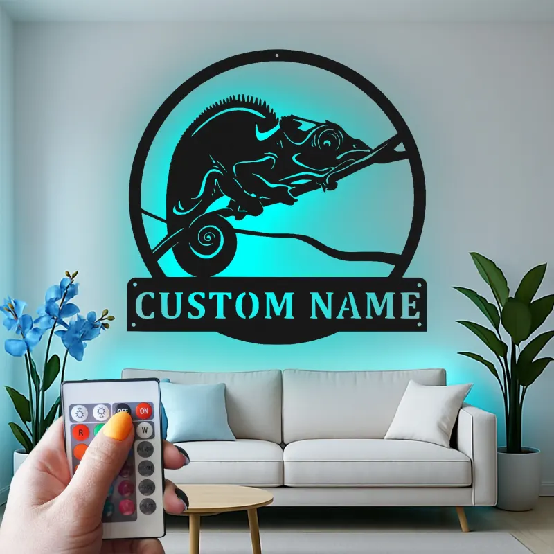 Insegna in metallo personalizzata con luce LED a forma di camaleonte, regalo unico per amanti dei rettili, decorazione per camera da letto