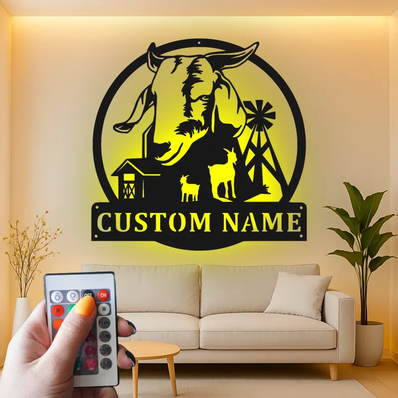 Custom Goat Farm Sign | Personalized LED Metal Wall Art | Rustic Barnyard Decor for Farmer Family Gift