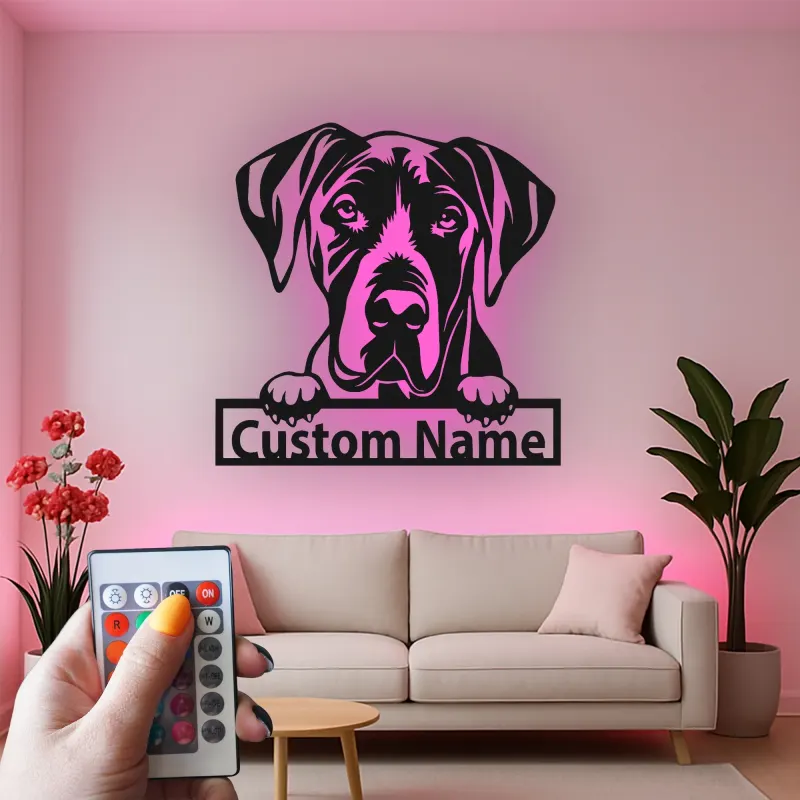 Insegna in metallo LED personalizzata per amanti dei cani con Alano - Regalo per la sala da pranzo