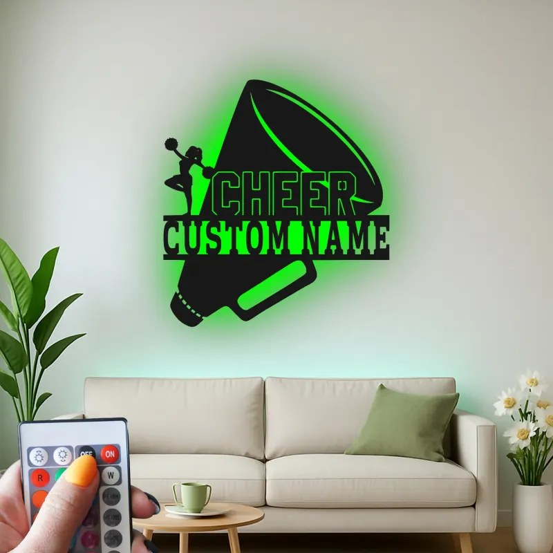 Custom Cheerleader Megaphone Led Light Metal Wall Art Cheer Gift for Teen Girls Bedroom Sports Decor