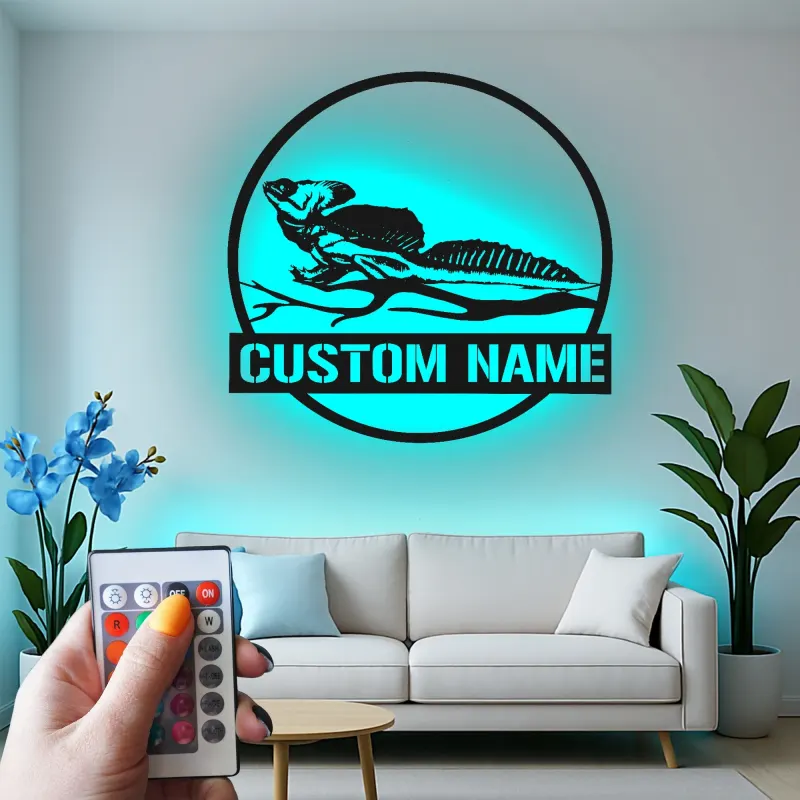 Insegna LED in metallo con lucertola dal collare | Arte murale personalizzata con nome per rettili | Decorazione con sagoma animale esotico per casa e attività