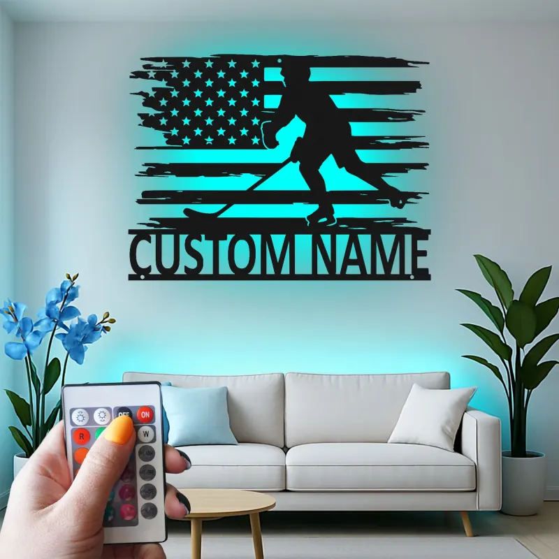 Personalized Hockey Player Metal Sign | Custom Name LED Wall Art with USA Flag | Game Room Decor for Sports Fan
