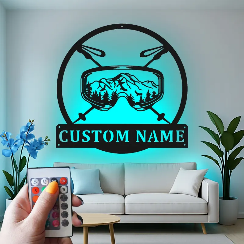 Personalized Ski Goggles Sign | Custom Metal Wall Art with LED | Ski Lodge & Cabin Decor | Gift for Skier