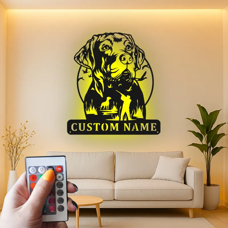 Insegna per Cacciatore Labrador Retriever | Insegna in Metallo LED Personalizzata | Regalo per Cacciatori per Man Cave | Decorazione per Caccia all'Anatra