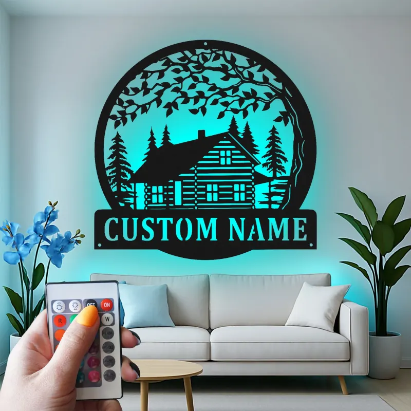 Cartel de metal personalizado con cabaña de troncos y luz LED, regalo de inauguración personalizado, decoración rústica para amantes de cabañas